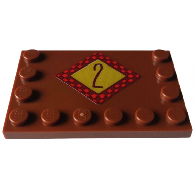 reddish brown tile modified 4 x 6 with studs on edges with reddish brown number 2 on gold diamond with dark red checkered border pattern sticker - set 4002023