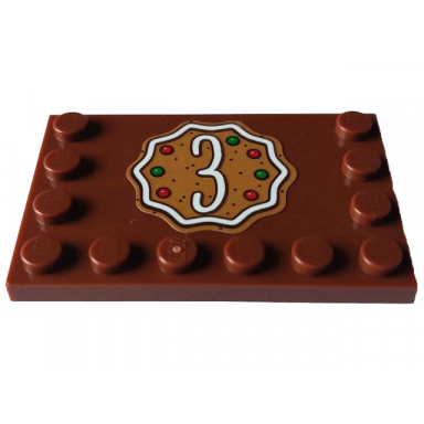 reddish brown tile modified 4 x 6 with studs on edges with white number 3 red and green dots on medium nougat cookie pattern sticker - set 4002023