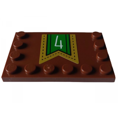 reddish brown tile modified 4 x 6 with studs on edges with white number 4 on green banner with gold border pattern sticker - set 4002023
