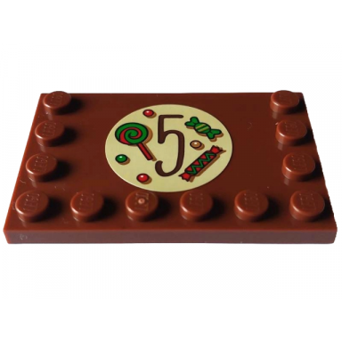 reddish brown tile modified 4 x 6 with studs on edges with reddish brown number 5 with red and green candy and dots on tan circle pattern sticker - set 4002023