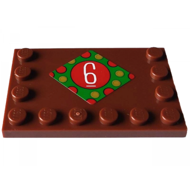reddish brown tile modified 4 x 6 with studs on edges with white number 6 in circle and red and gold dots on green diamond pattern sticker - set 4002023