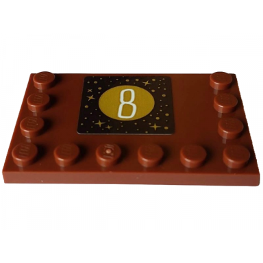 reddish brown tile modified 4 x 6 with studs on edges with white number 8 and gold circle stars and dots on dark brown square pattern sticker - set 4002023