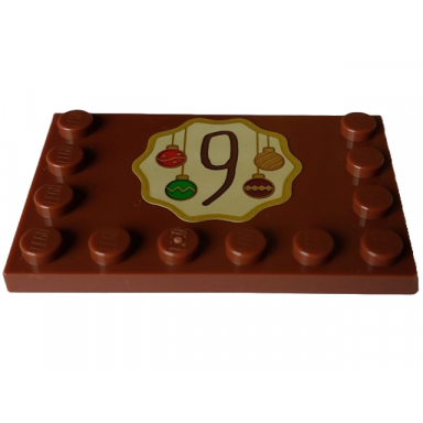 reddish brown tile modified 4 x 6 with studs on edges with reddish brown number 9 and red green and gold christmas baubles on tan background pattern sticker - set 4002023