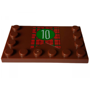 reddish brown tile modified 4 x 6 with studs on edges with white number 10 in circle on red and green tartan banner pattern sticker - set 4002023
