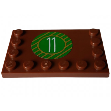 reddish brown tile modified 4 x 6 with studs on edges with white number 11 and gold stripes on green circle pattern sticker - set 4002023