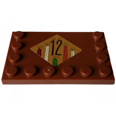 reddish brown tile modified 4 x 6 with studs on edges with dark brown number 12 and red white and green candles on medium nougat diamond pattern sticker - set 4002023