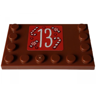 reddish brown tile modified 4 x 6 with studs on edges with white number 13 and candy on red square pattern sticker - set 4002023