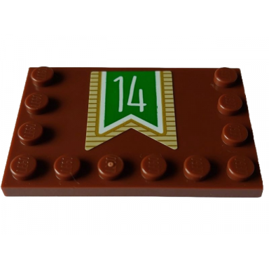 reddish brown tile modified 4 x 6 with studs on edges with white number 14 on green banner with gold striped border pattern sticker - set 4002023