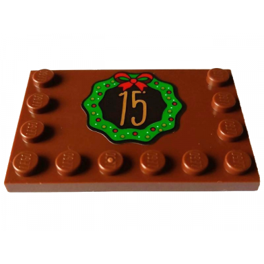 reddish brown tile modified 4 x 6 with studs on edges with medium nougat number 15 in green christmas wreath with bow and red gold and white dots pattern sticker - set 4002023
