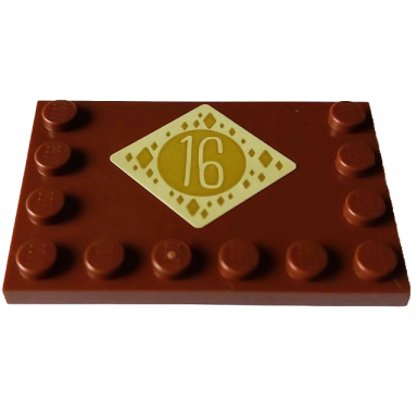 reddish brown tile modified 4 x 6 with studs on edges with tan number 16 with gold oval and diamonds pattern sticker - set 4002023