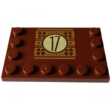 reddish brown tile modified 4 x 6 with studs on edges with reddish brown number 17 in tan circle on fair isle square pattern sticker - set 4002023