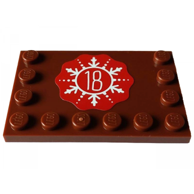 reddish brown tile modified 4 x 6 with studs on edges with white number 18 in snowflake on red background pattern sticker - set 4002023