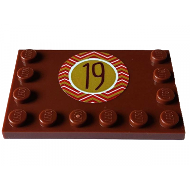 reddish brown tile modified 4 x 6 with studs on edges with reddisch brown number 19 in gold circle with red and white zigzag border pattern sticker - set 4002023