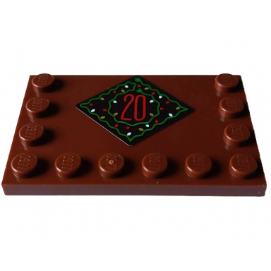 reddish brown tile modified 4 x 6 with studs on edges with red number 20 and green wire with gold and white christmas lights on dark brown diamond pattern sticker - set 4002023
