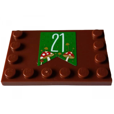 reddish brown tile modified 4 x 6 with studs on edges with white number 21 gold dots and red and tan mushrooms on green banner pattern sticker - set 4002023
