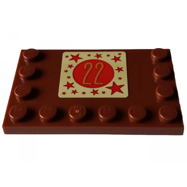 reddish brown tile modified 4 x 6 with studs on edges with gold number 22 and red circle and stars on tan square pattern sticker - set 4002023