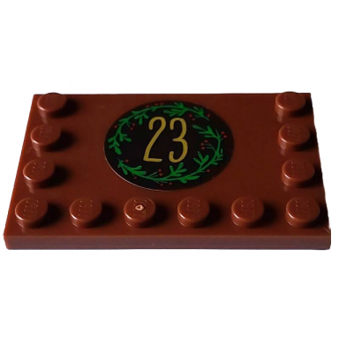 reddish brown tile modified 4 x 6 with studs on edges with gold number 23 and green and red mistletoe on dark brown circle pattern sticker - set 4002023