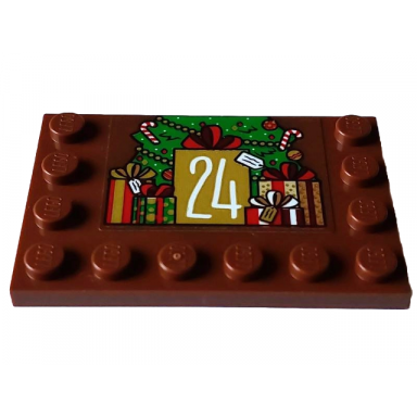 reddish brown tile modified 4 x 6 with studs on edges with white number 24 on gold rectangle presents and green christmas tree bottom half pattern sticker - set 4002023