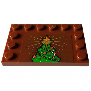 reddish brown tile modified 4 x 6 with studs on edges with green christmas tree top half with decoration and gold star pattern sticker - set 4002023