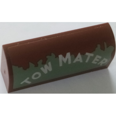 reddish brown slope curved 1 x 4 x 1 1 3 with white tow mater on worn sand green background pattern model left side sticker - set 8677