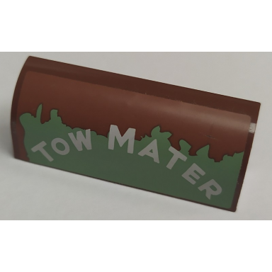 reddish brown slope curved 1 x 4 x 1 1 3 with white tow mater on worn sand green background pattern model right side sticker - set 8677