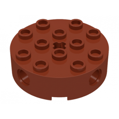 reddish brown brick round 4 x 4 with 4 side pin holes and center axle hole