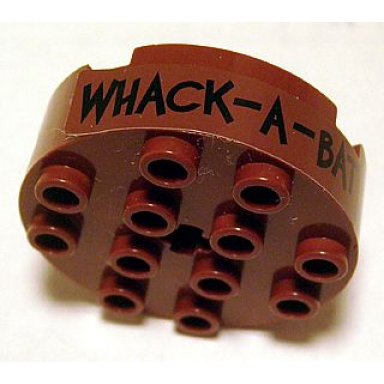 reddish brown brick round 4 x 4 with 4 side pin holes and center axle hole with whack - a - bat pattern sticker - set 7886