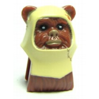 reddish brown minifigure head modified sw ewok with tan hood with dark orange feathers pattern
