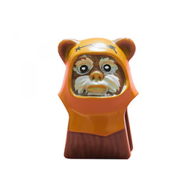 reddish brown minifigure head modified sw ewok with dark orange hood with reddish brown stitching and tan face paint pattern
