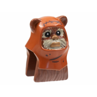 reddish brown minifigure head modified sw ewok with dark orange hood with dark brown stitching and wrinkles tan face fur pattern