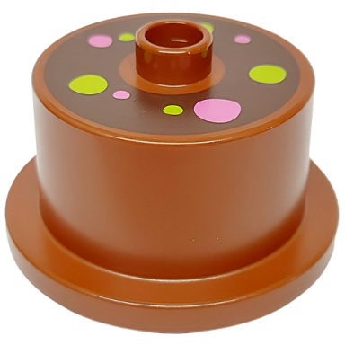 reddish brown duplo cake with dark brown frosting and dark pink and lime dots pattern