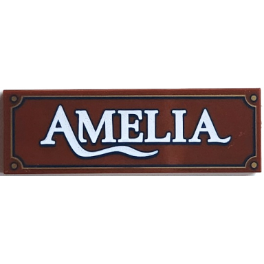 reddish brown tile 2 x 6 with sign with white amelia and dark blue and gold border pattern