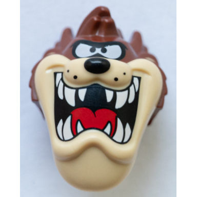 reddish brown minifigure head modified looney tunes taz with red tongue tan face and white teeth pattern