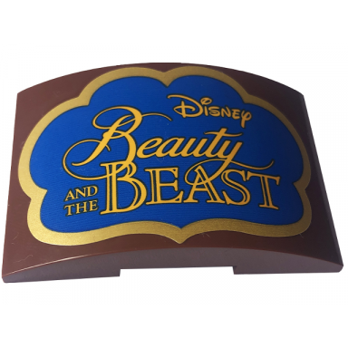 reddish brown slope curved 6 x 4 double with bright light orange disney and beauty and the beast on blue background with gold frame pattern sticker - set 43227