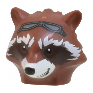 reddish brown minifigure head modified raccoon with white fur dark brown face and dark bluish gray goggles pattern