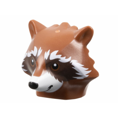 reddish brown minifigure head modified raccoon with white fur and snout and dark brown face pattern