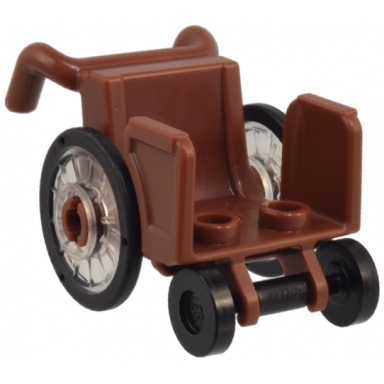 reddish brown minifigure utensil wheelchair with open sides and high arm rests with trans-clear wheelchair wheels with technic pin hole and black trolley wheels 80440 80441pb01 2496