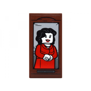reddish brown tile 2 x 4 with woman with black hair and red dress portrait pattern sticker - set 76052