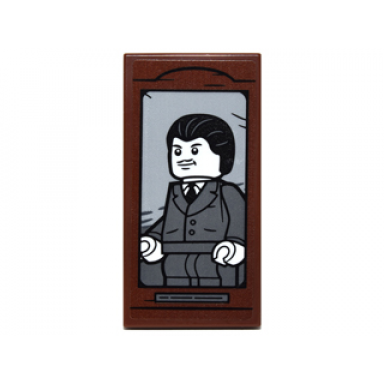 reddish brown tile 2 x 4 with man with black hair and dark bluish gray suit portrait pattern sticker - set 76052