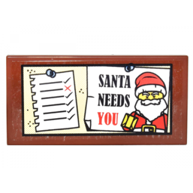 reddish brown tile 2 x 4 with santa needs you santa minifigure and list pinned to board on transparent background pattern sticker - set 10245