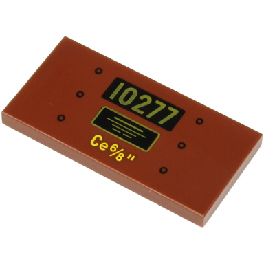 reddish brown tile 2 x 4 with gold 10277 and text on black background yellow ce 6 8 and 6 rivets pattern