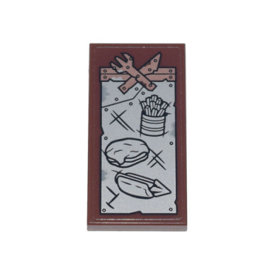 reddish brown tile 2 x 4 with menu of fries parmo hot dog with harpoon copper crossed knife and fork silver metal plates and rivets pattern sticker - set 70840