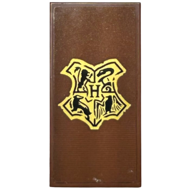 reddish brown tile 2 x 4 with gold and black hogwarts crest pattern sticker - set 76425