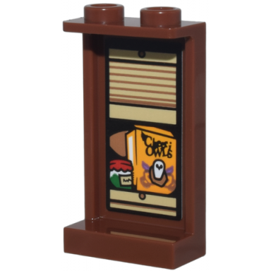 reddish brown panel 1 x 2 x 3 with side supports - hollow studs with tan kitchen cupboard and box of bright light orange cheeri owls pattern sticker - set 76437