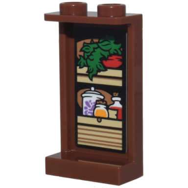 reddish brown panel 1 x 2 x 3 with side supports - hollow studs with tan kitchen cupboard green plant red pot and bottles and jars pattern sticker - set 76437