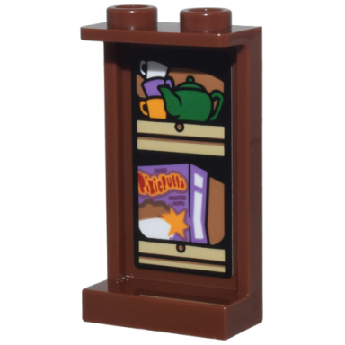 reddish brown panel 1 x 2 x 3 with side supports - hollow studs with tan kitchen cupboard green teapot bright light orange and white cups and medium lavender box of pixie puffs pattern sticker - set 76437
