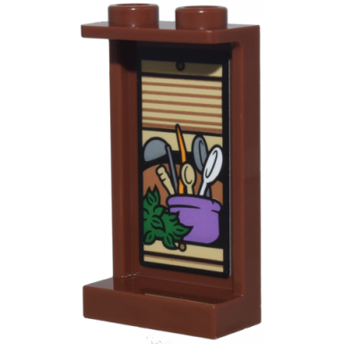 reddish brown panel 1 x 2 x 3 with side supports - hollow studs with tan kitchen cupboard green plant and medium lavender pot with spoons pattern sticker - set 76437