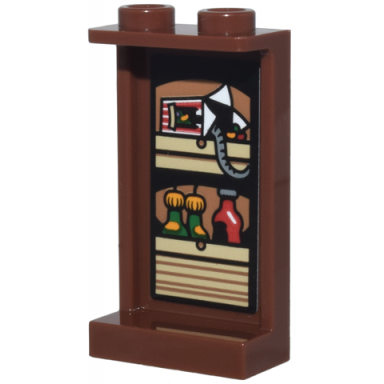 reddish brown panel 1 x 2 x 3 with side supports - hollow studs with tan kitchen cupboard striped every flavor beans box and green and red bottles pattern sticker - set 76437