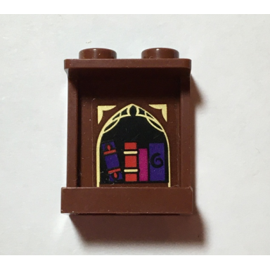 reddish brown panel 1 x 2 x 2 with side supports - hollow studs with reddish brown and gold arched alcove and 4 books pattern sticker - set 41188