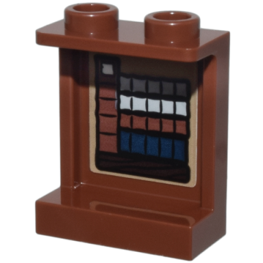 reddish brown panel 1 x 2 x 2 with side supports - hollow studs with wooden shelf with dark blue light bluish gray and reddish brown books pattern on inside sticker - set 76385